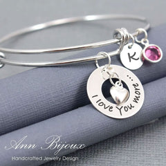Personalized I Love You More Birthstone Bangle Bracelet - Custom Engraved Initial Disc Charm Jewelry