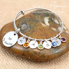 Engraved Love My Family and Initial w/ Birthstone Bracelet - River