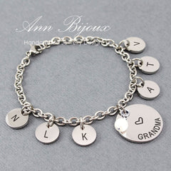 Personalized Grandma Bracelet with Grandchildren Initials - Custom Engraved Name Disc Pearl Charm Jewelry - Maria