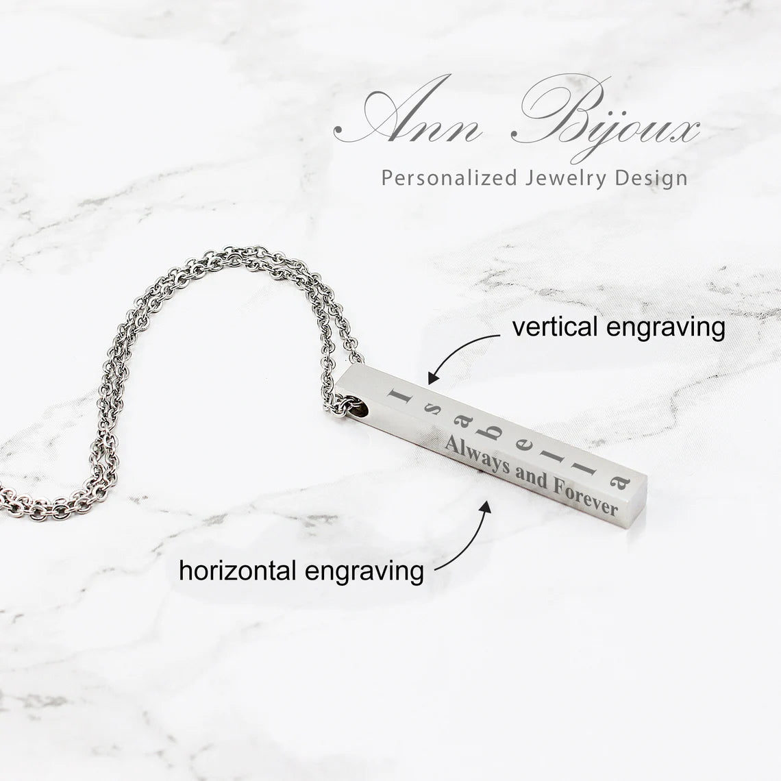 Personalized 3D vertical bar necklaces in silver, gold, and rose gold with custom name, coordinate, and date engravings.