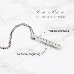 Personalized 3D vertical bar necklaces in silver, gold, and rose gold with custom name, coordinate, and date engravings.