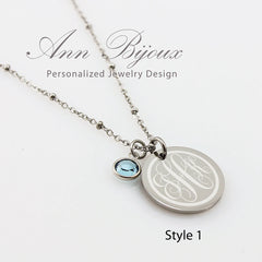 Personalized Monogram Necklace with Birthstone - Custom Engraved Disc Pendant Jewelry for Women - Clara