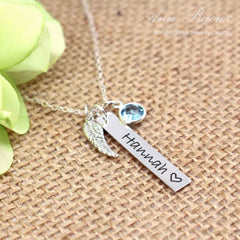 Personalized Guardian Angel Wing Bar Necklace with Birthstone -Mother's Day & Memorial Gift for Her - Molly