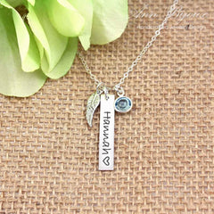 Personalized Guardian Angel Wing Bar Necklace with Birthstone -Mother's Day & Memorial Gift for Her - Molly