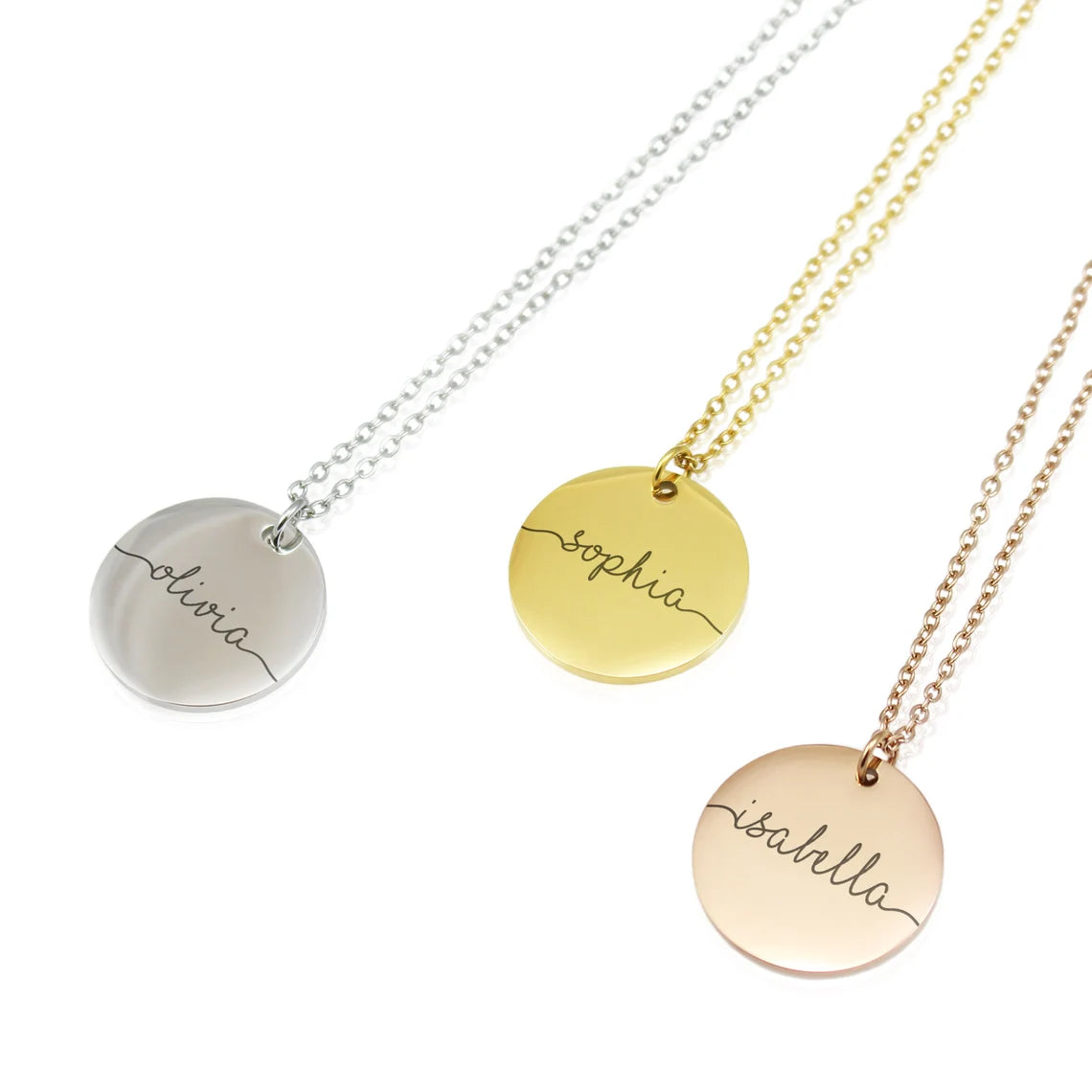 Custom cursive name pendant necklaces in silver and 18k gold, personalized jewelry gift for her, signature style disc necklace.