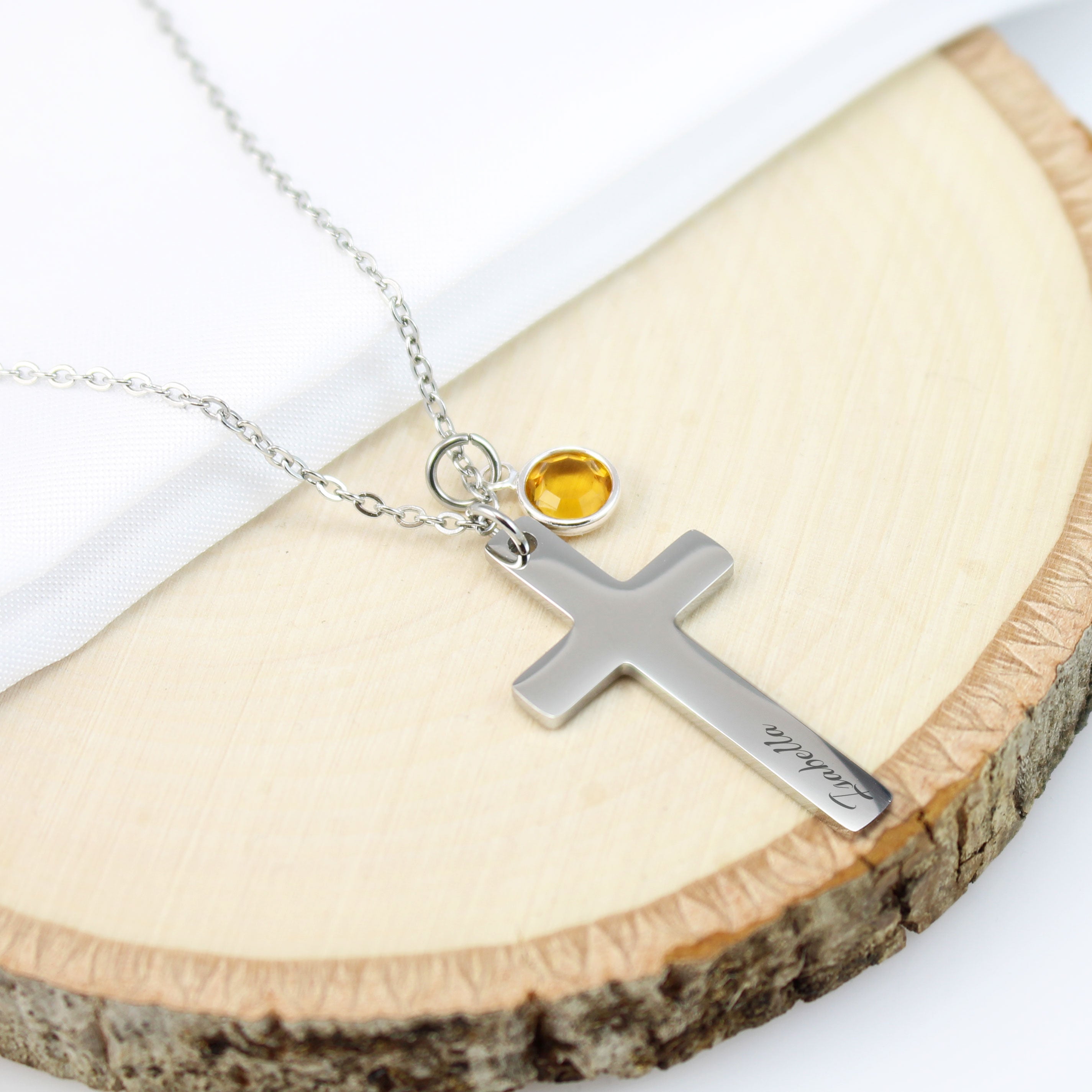 Personalized birthstone cross necklace with custom name or Bible verse engraving, religious baptism or communion gift for her.