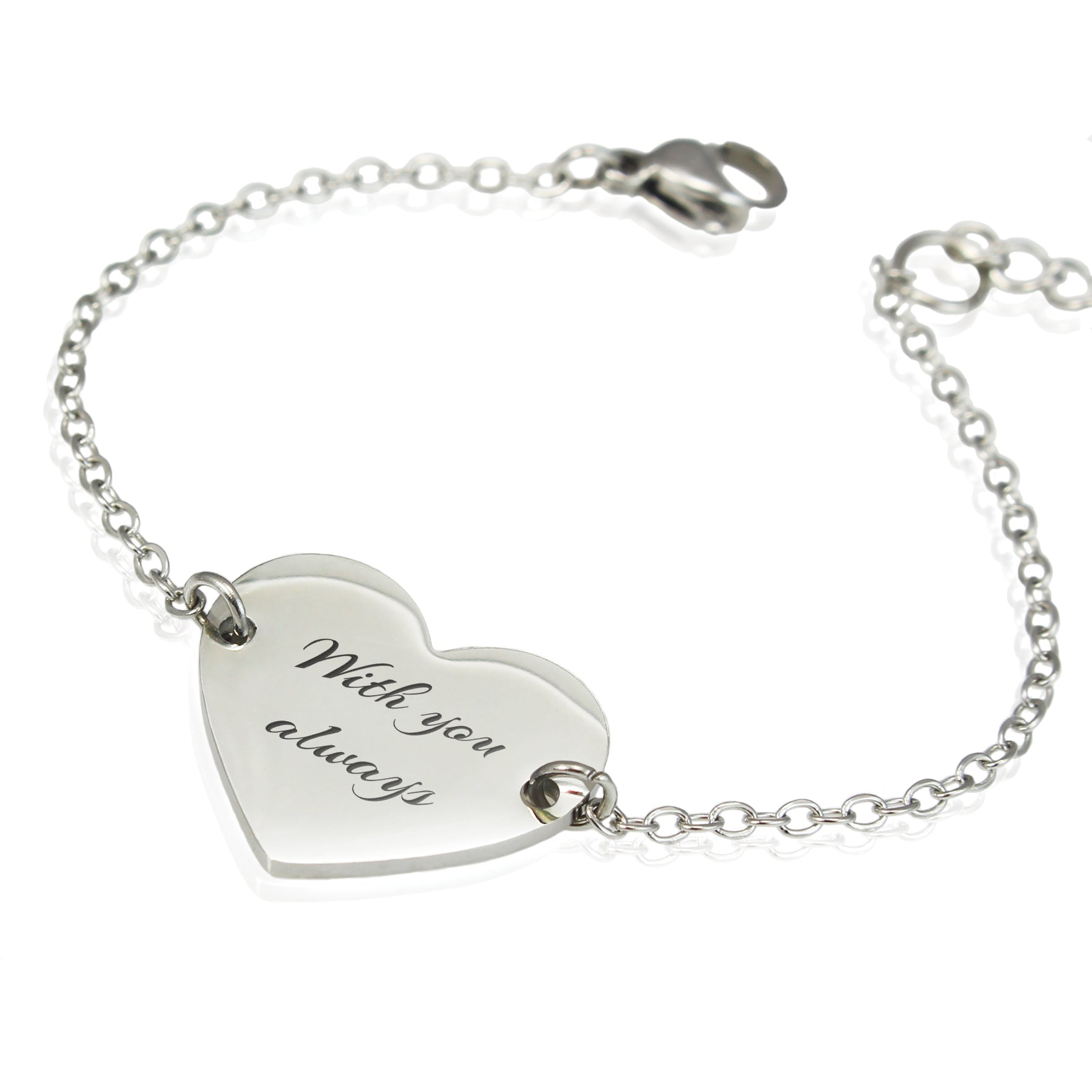 Silver bracelet with a heart-shaped tag engraved 'With you always' on a white background