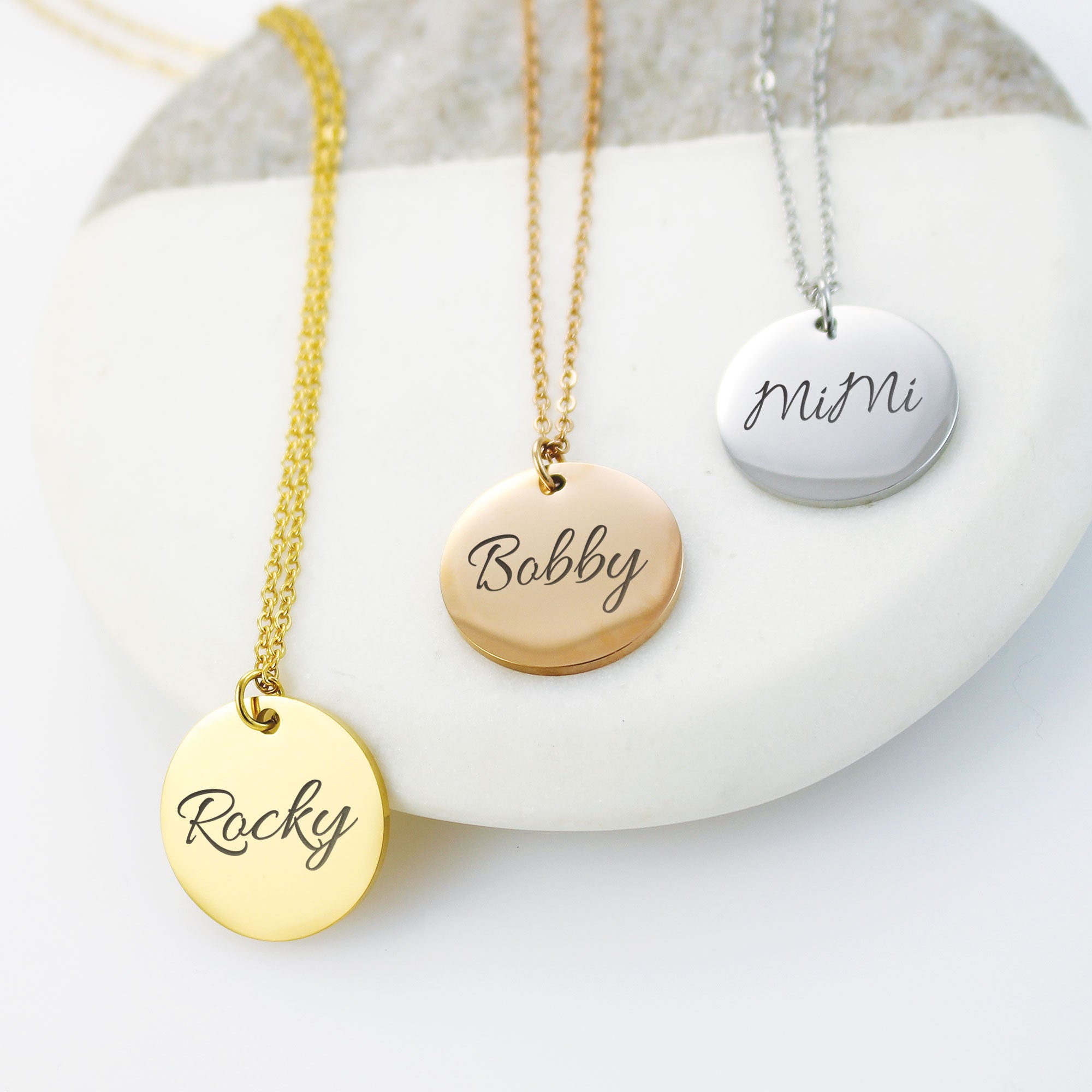 "Personalized pet memorial necklaces showing the transition from real pet photos to custom engraved portraits on gold round pendants."