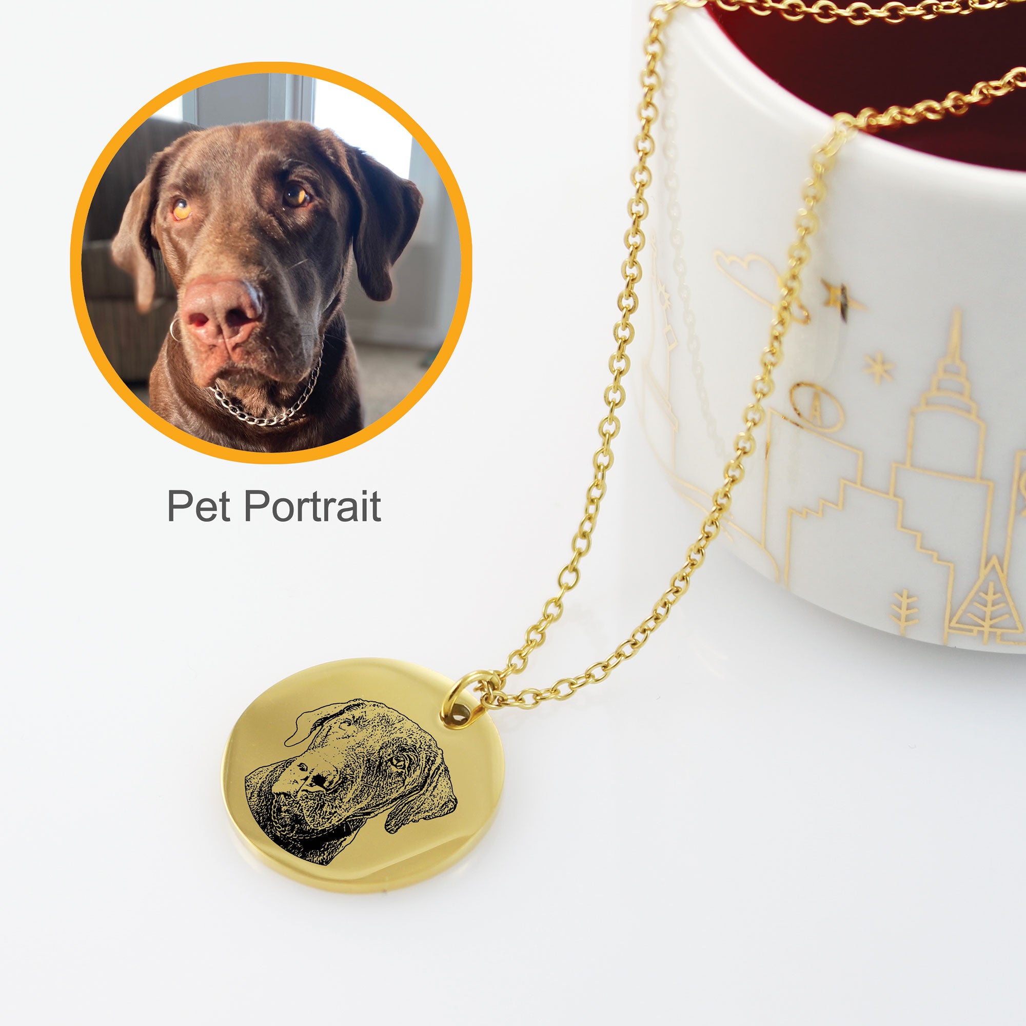 "Custom pet portrait jewelry featuring three disc necklaces in gold. The image shows how a cat photo and a dog photo are transformed into detailed line-art engravings on the pendants, alongside a paw print design."
