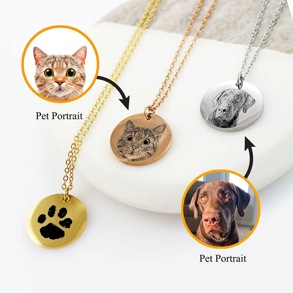"Custom pet portrait jewelry featuring three disc necklaces in gold, rose gold, and silver. The image shows how a cat photo and a dog photo are transformed into detailed line-art engravings on the pendants, alongside a paw print design."
