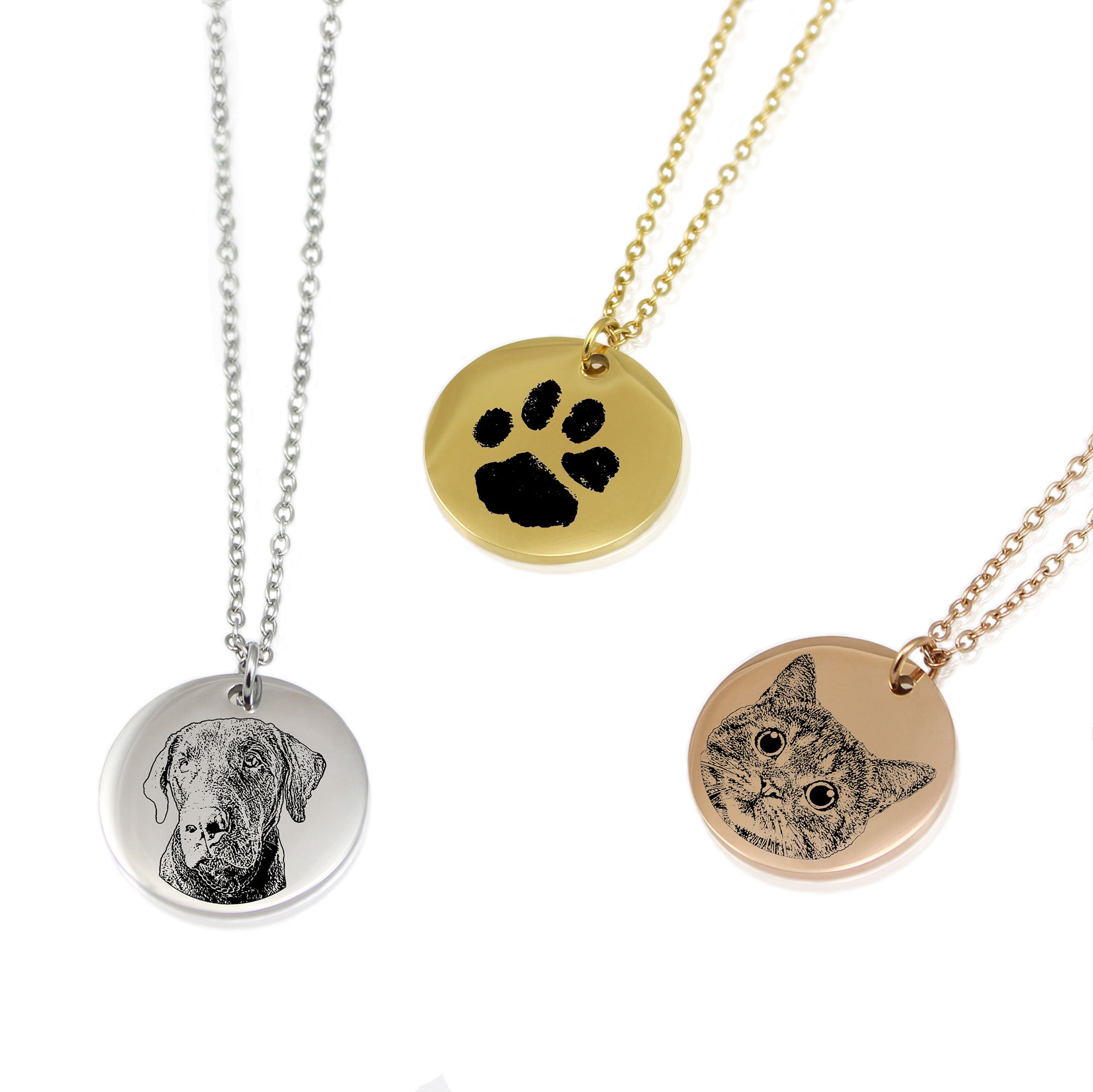 "Personalized pet memorial necklaces showing the transition from real pet photos to custom engraved portraits on gold and silver round pendants."