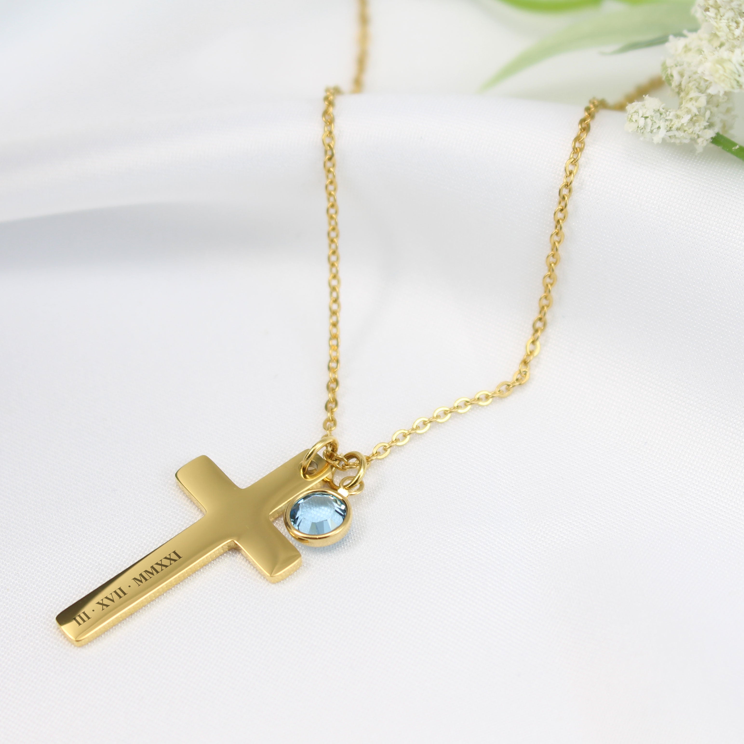 Personalized birthstone cross necklace with custom name or Bible verse engraving, religious baptism or communion gift for her.