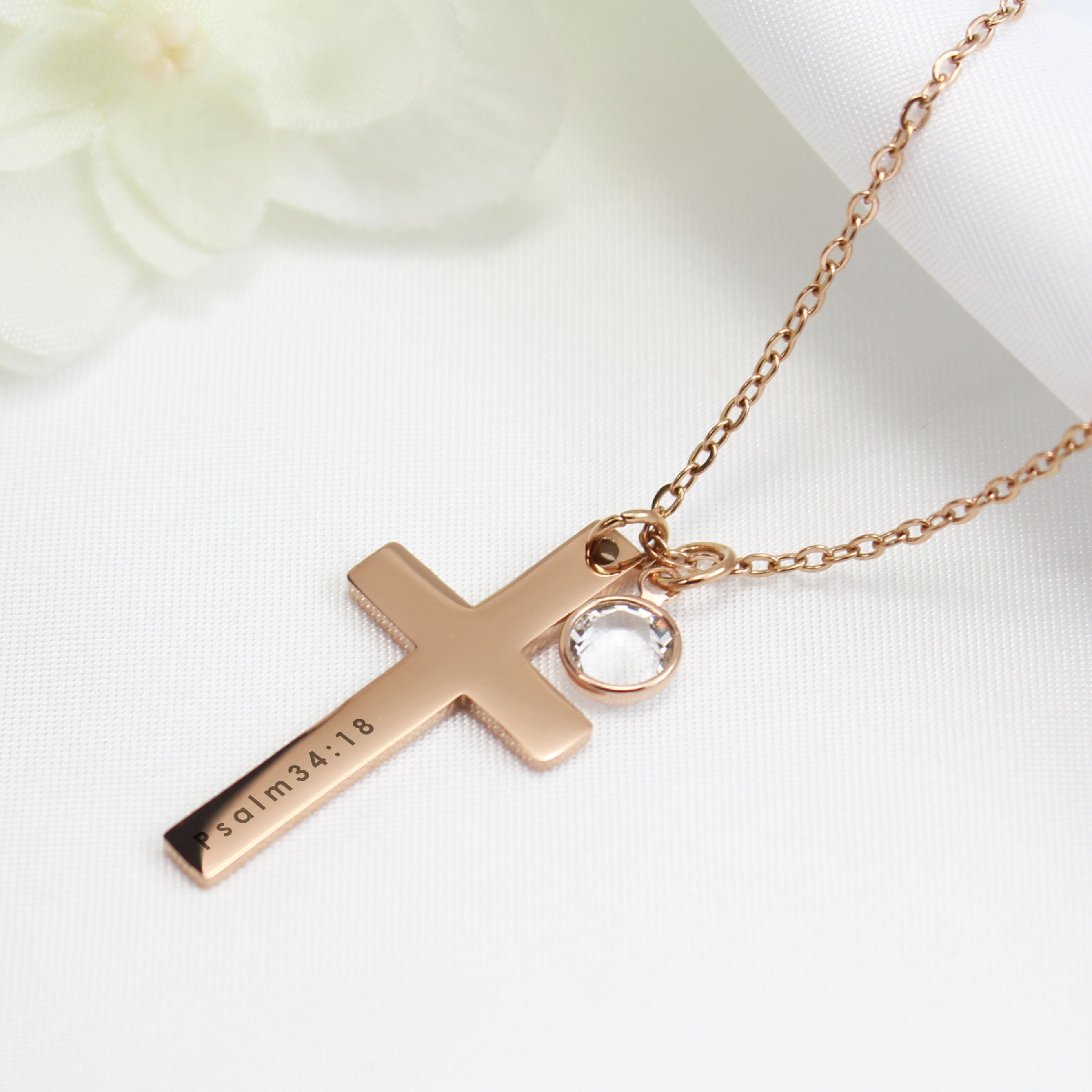 Personalized birthstone cross necklace with custom name or Bible verse engraving, religious baptism or communion gift for her.