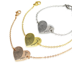 Personalized Fingerprint Heart Bracelet with Name - Custom Engraved Memorial Heart Pendant - Anniversary Gift for Her - Lola