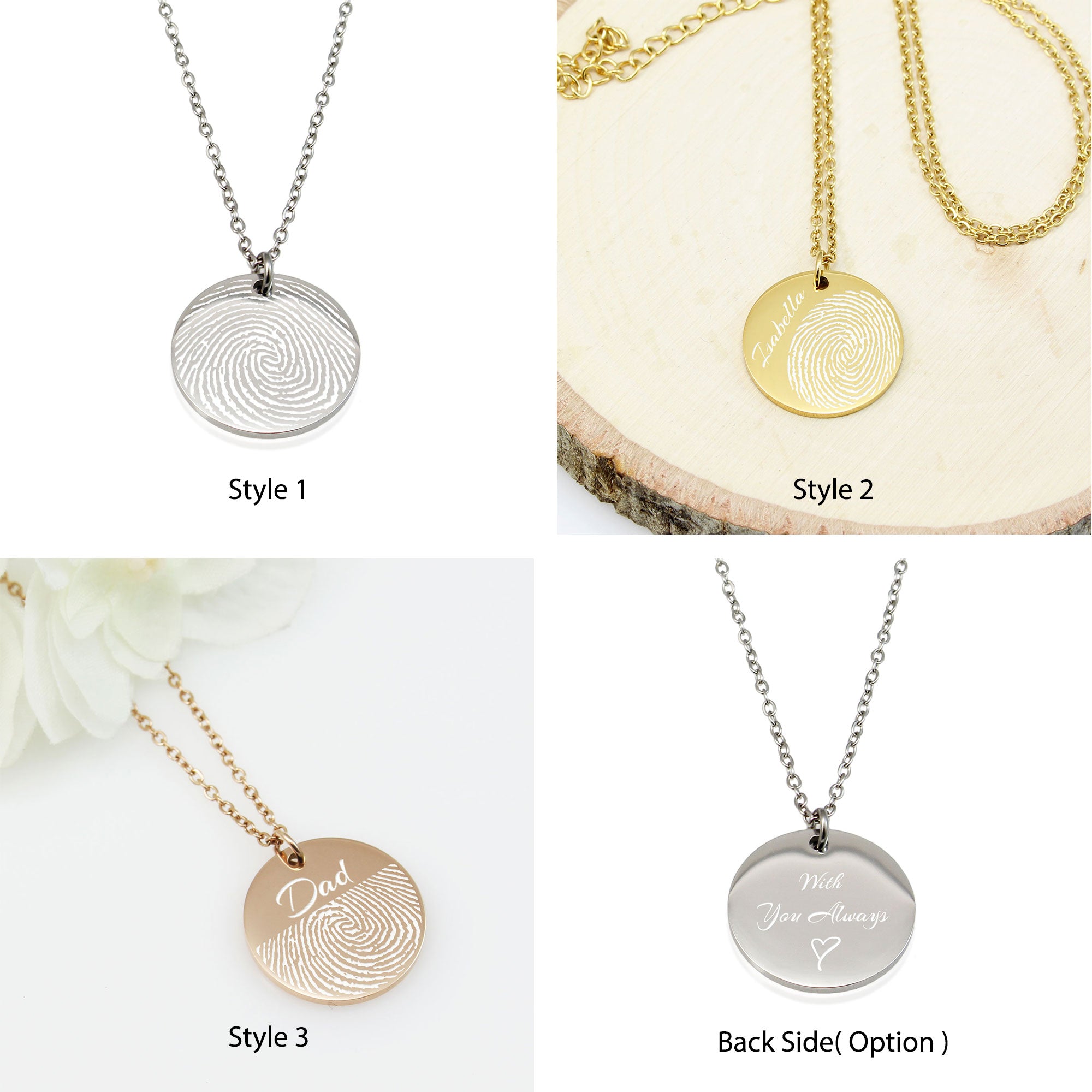 "Two custom silver disc necklaces. One features an intricate engraved line drawing of 'Pia' and the text 'by Max' in a child's handwriting. The other shows only the handwritten message 'Always in my heart'. Both are shown in their open jewelry gift box."