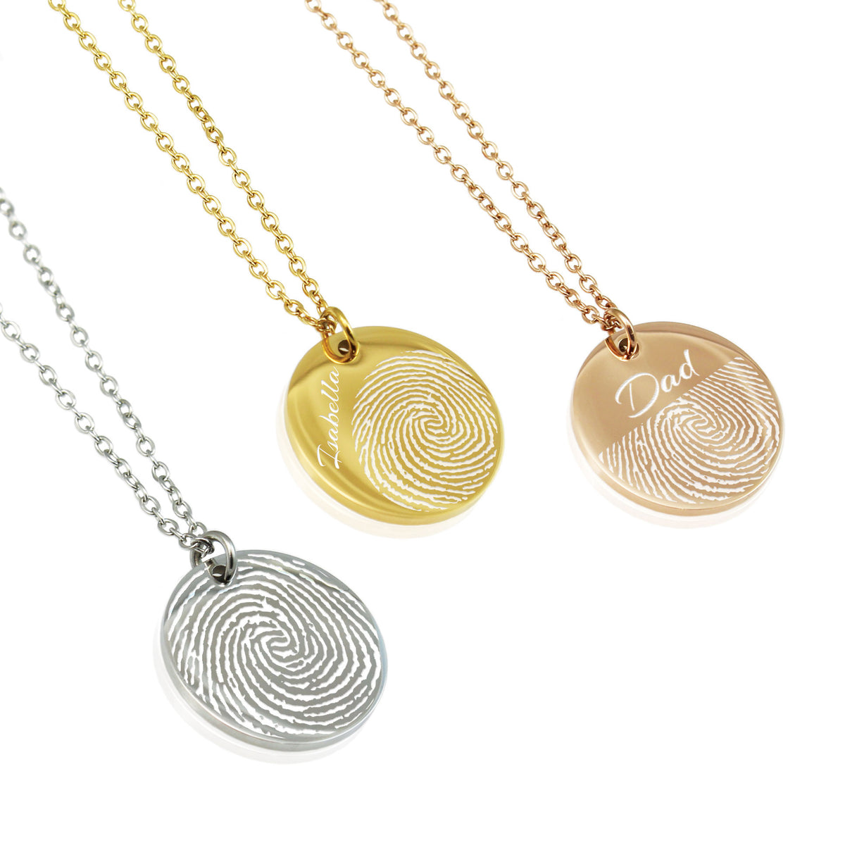 Three stainless steel necklaces with engraved fingerprints on a disc pendant, available in gold, silver, and rose gold colors.