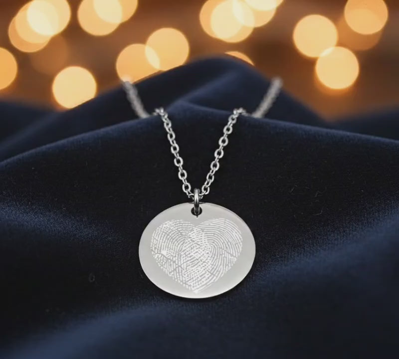 Actual Overlapping Two Fingerprints Heart Disc Necklace - Personalized Double Fingerprint Round Pendant - Mila